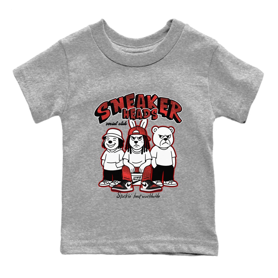 Sneakerheads Social Club baby and kids t-shirt crafted for little sneakerheads to shine with the Air Jordan 1 Ruby sneakers, displayed in Heather Grey 2.