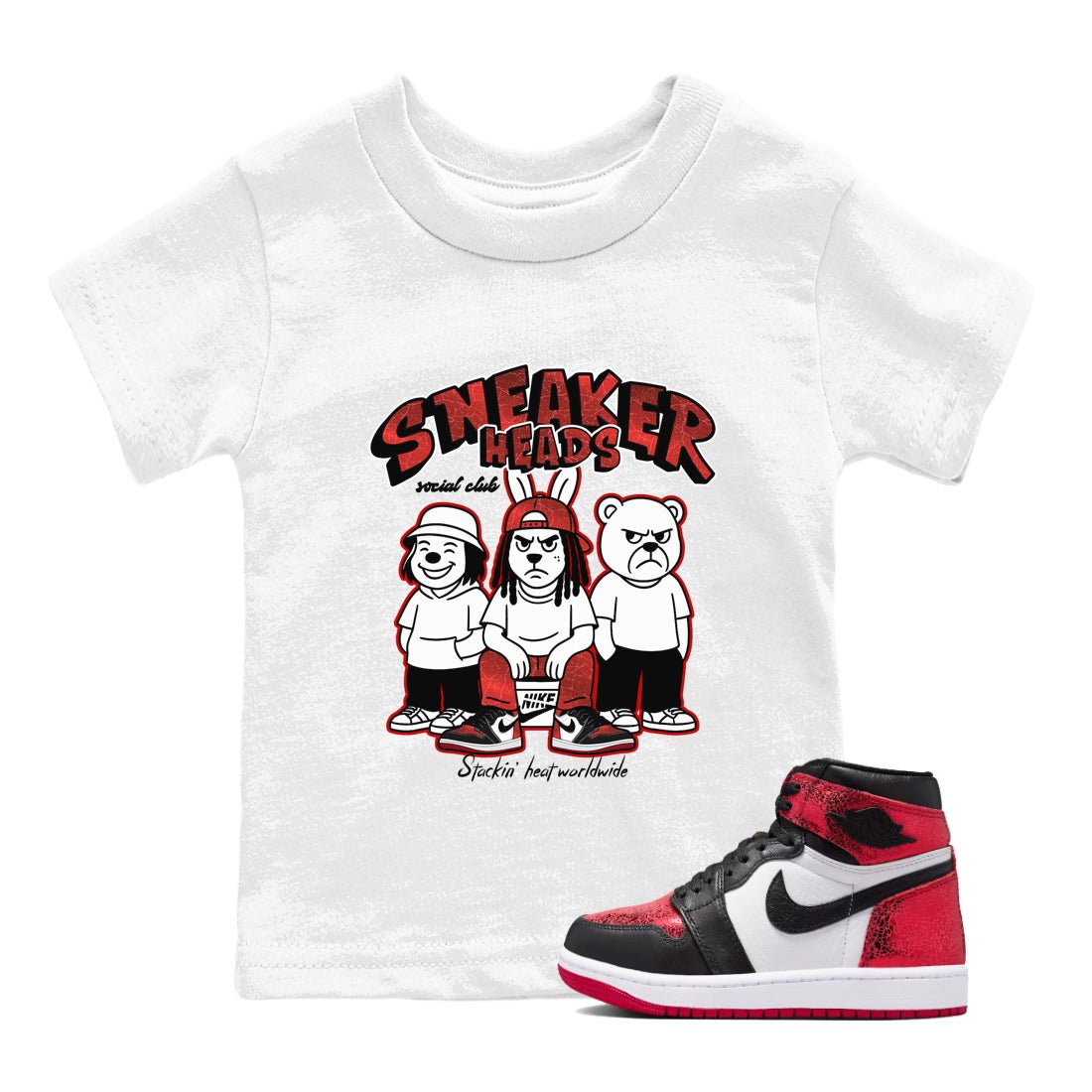 Sneakerheads Social Club baby and kids t-shirt crafted for little sneakerheads to shine with the Air Jordan 1 Ruby sneakers, displayed in White 1.