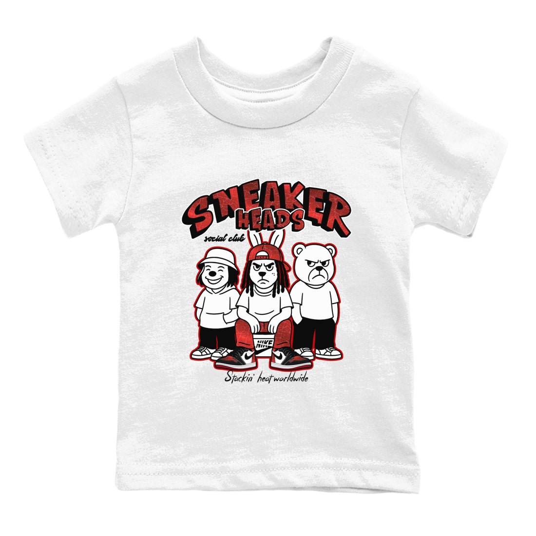 Sneakerheads Social Club baby and kids t-shirt crafted for little sneakerheads to shine with the Air Jordan 1 Ruby sneakers, displayed in White 2.