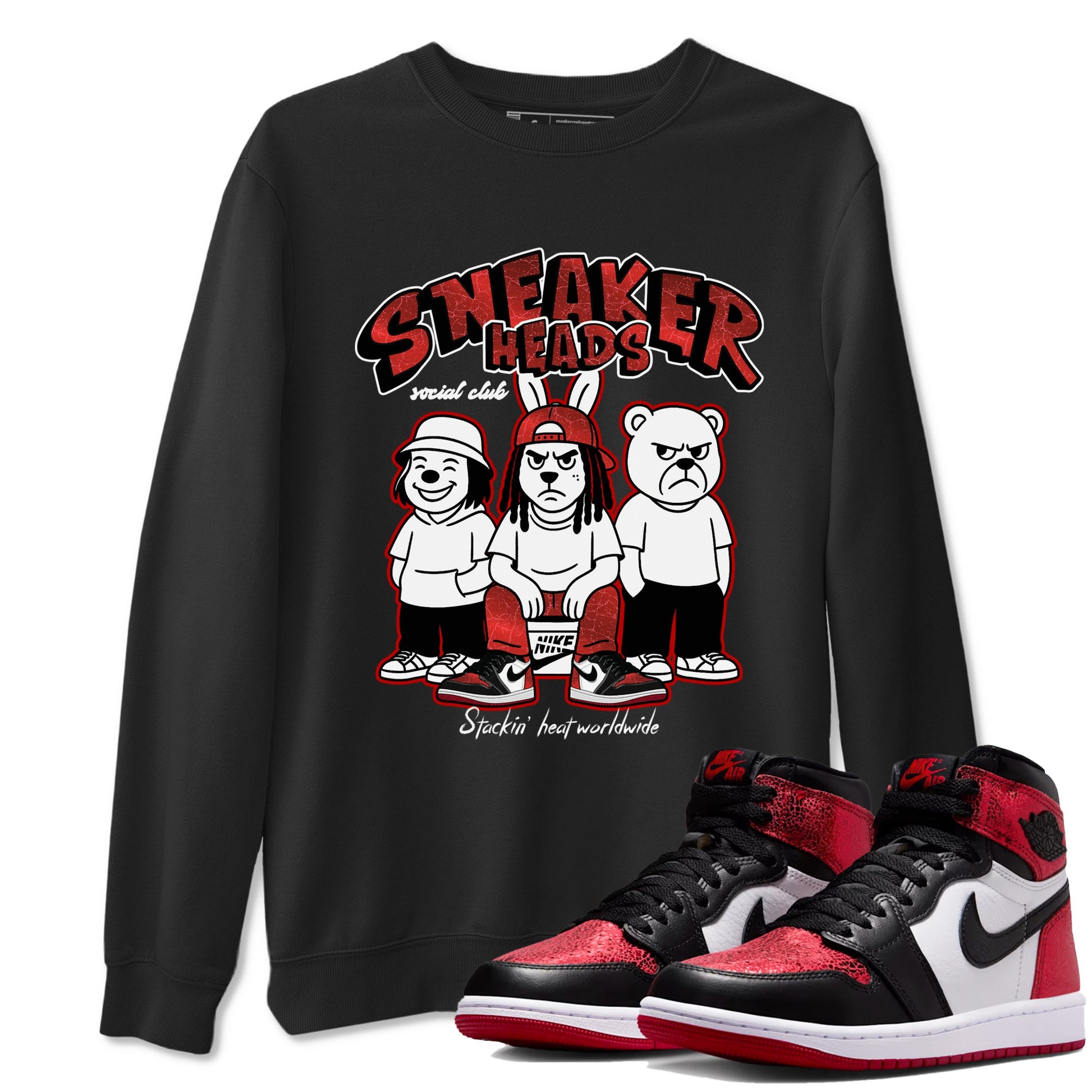 Sneakerheads Social Club sneaker match t-shirt styled to complete your fit with the Air Jordan 1 Ruby sneakers, shown in Black 1.