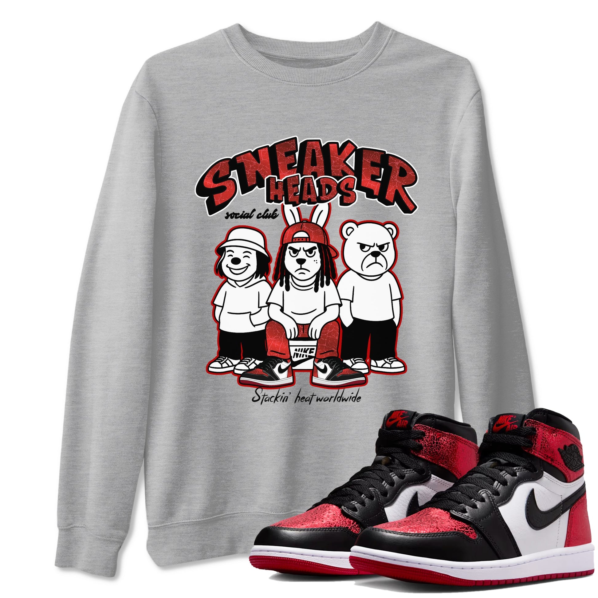 Sneakerheads Social Club sneaker match t-shirt styled to complete your fit with the Air Jordan 1 Ruby sneakers, shown in Heather Grey 1.