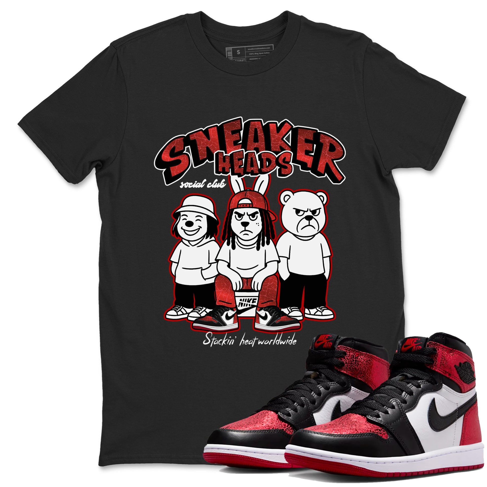 Sneakerheads Social Club sneaker match t-shirt styled to complete your fit with the Air Jordan 1 Ruby sneakers, shown in Black 1.