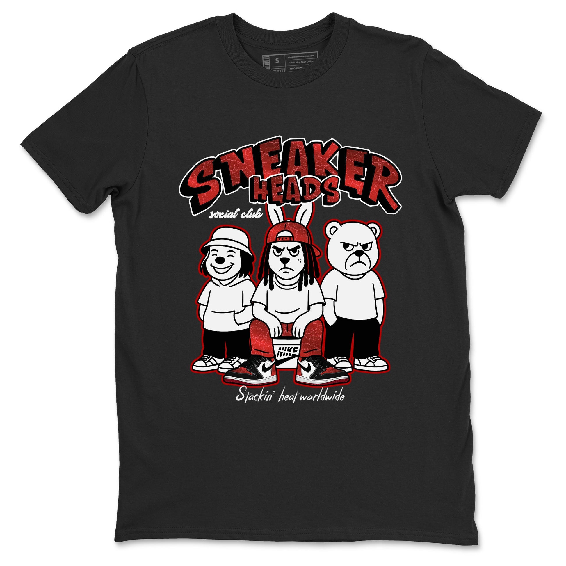 Sneakerheads Social Club sneaker match t-shirt styled to complete your fit with the Air Jordan 1 Ruby sneakers, shown in Black 2.