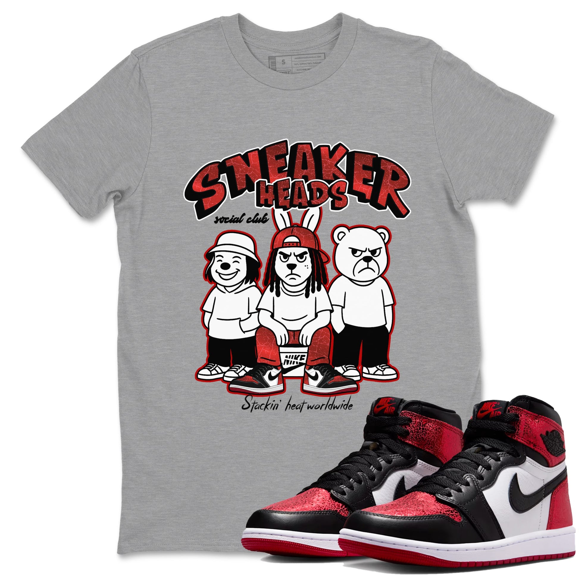 Sneakerheads Social Club sneaker match t-shirt styled to complete your fit with the Air Jordan 1 Ruby sneakers, shown in Heather Grey 1.