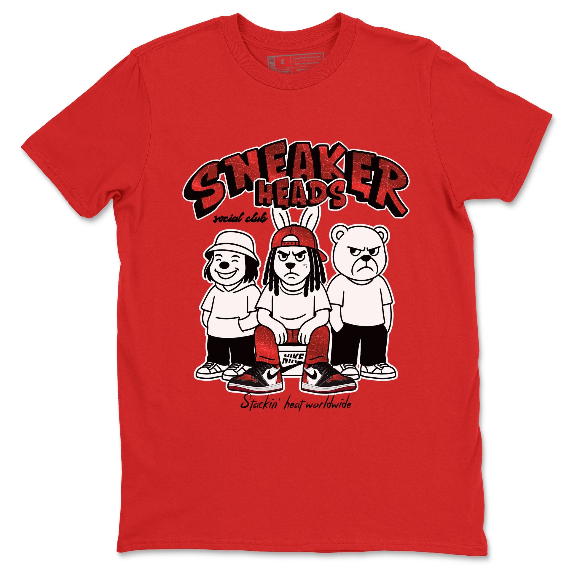 Sneakerheads Social Club sneaker match t-shirt styled to complete your fit with the Air Jordan 1 Ruby sneakers, shown in Red 2.