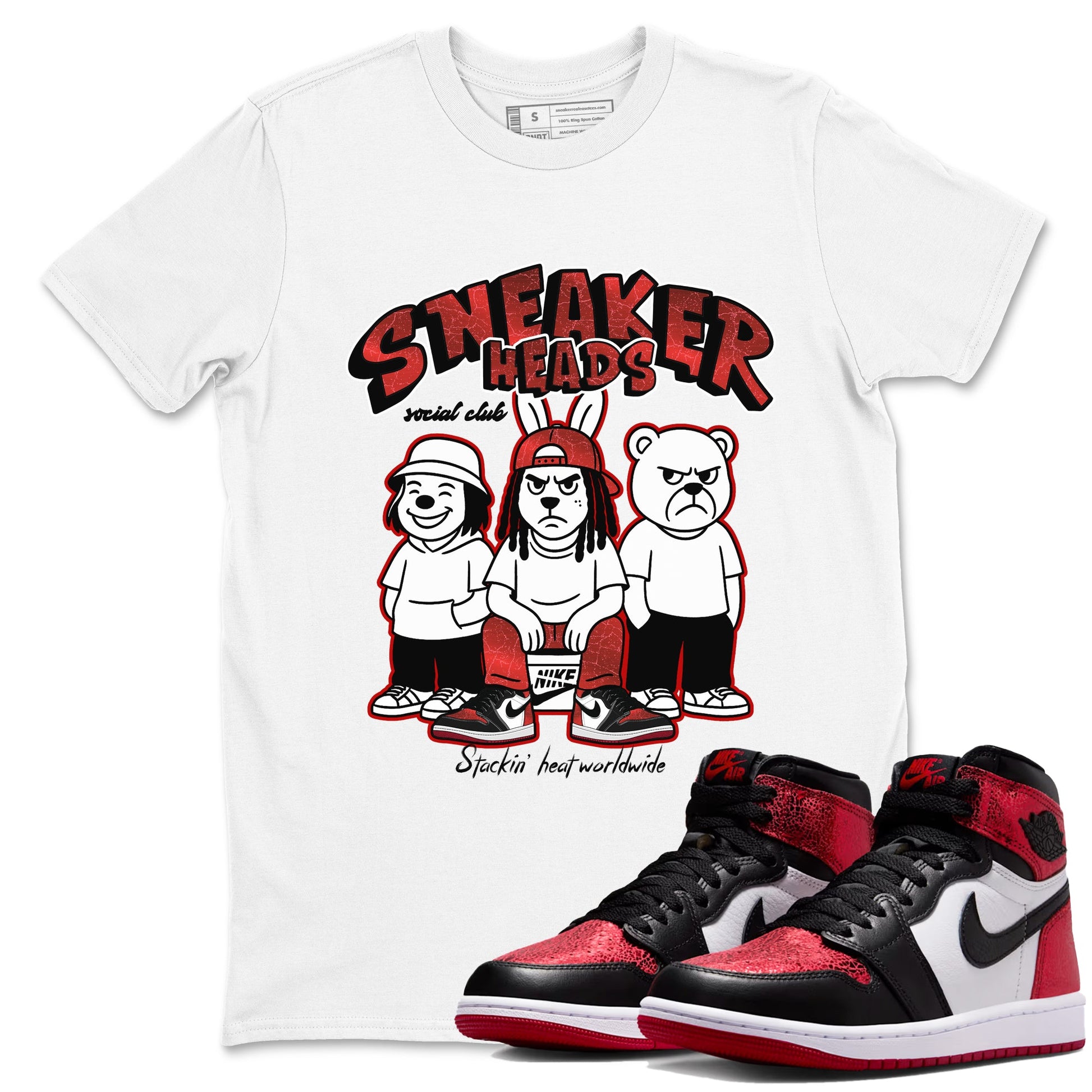 Sneakerheads Social Club sneaker match t-shirt styled to complete your fit with the Air Jordan 1 Ruby sneakers, shown in White 1.