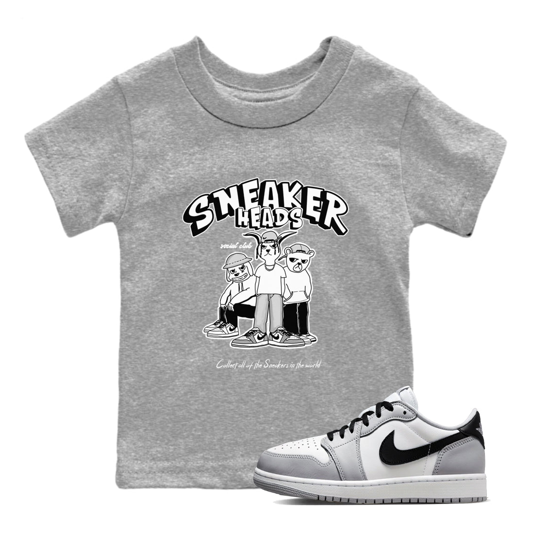 AJ1 Wolf Grey shirts to match jordans Sneakerheads Social Club sneaker match tees Air Jordan 1 Wolf Grey SNRT Sneaker Tees streetwear brand Baby and Youth Heather Grey 1 cotton tee