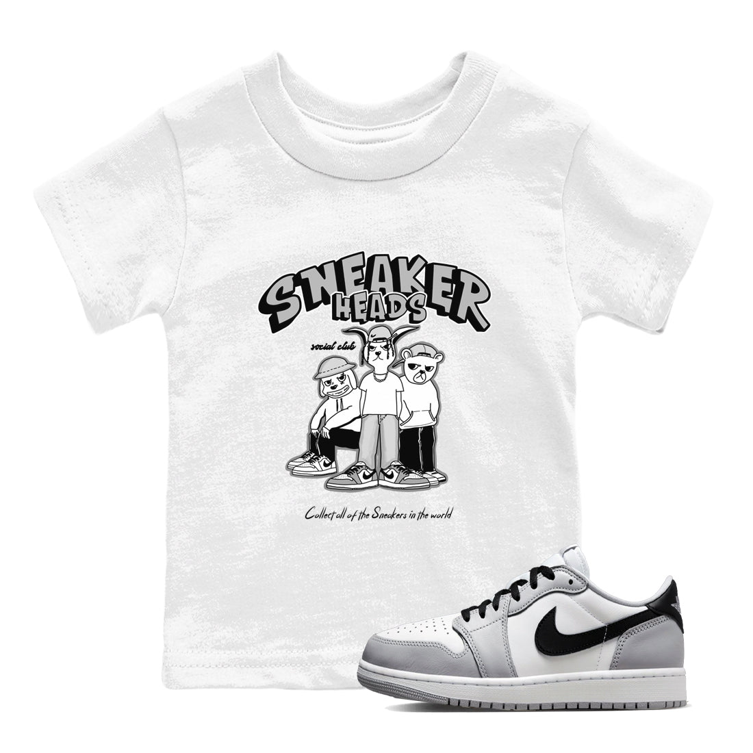 AJ1 Wolf Grey shirts to match jordans Sneakerheads Social Club sneaker match tees Air Jordan 1 Wolf Grey SNRT Sneaker Tees streetwear brand Baby and Youth White 1 cotton tee