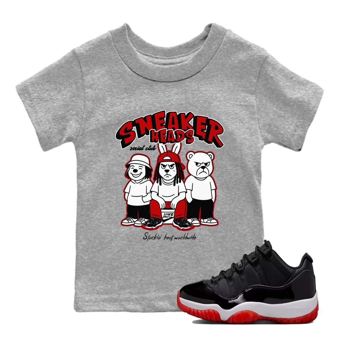 11s Bred shirts to match jordans Sneakerheads Social Club sneaker match tees Air Jordan 11 Retro Bred match shoes to clothes SNRT Sneaker Tees Youth Baby Heather Grey 1 tee