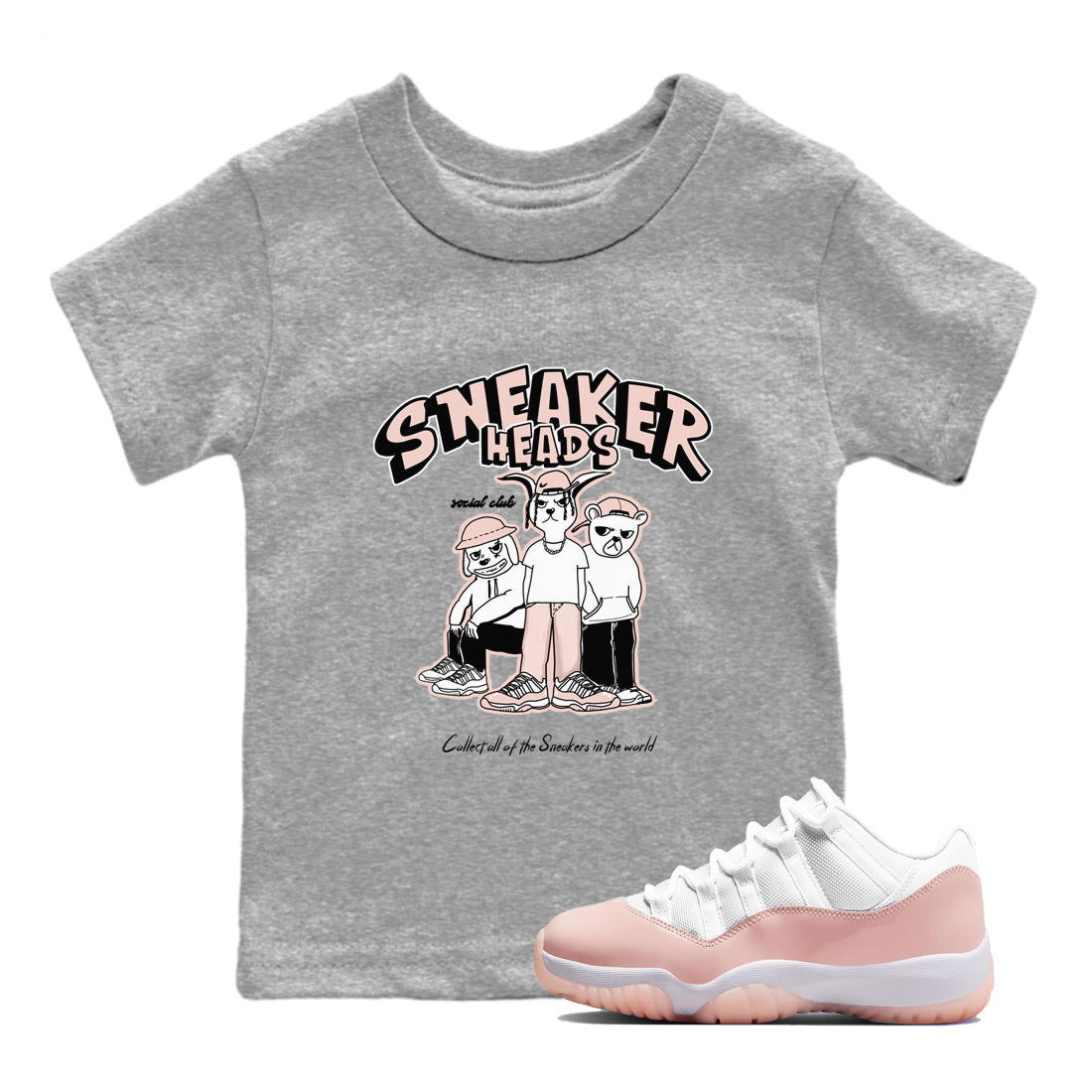 11s Legend Pink shirts to match jordans Sneakerheads Social Club sneaker match tees Air Jordan 11 Legend Pink SNRT Sneaker Tees streetwear brand Baby and Youth Heather Grey 1 cotton tee