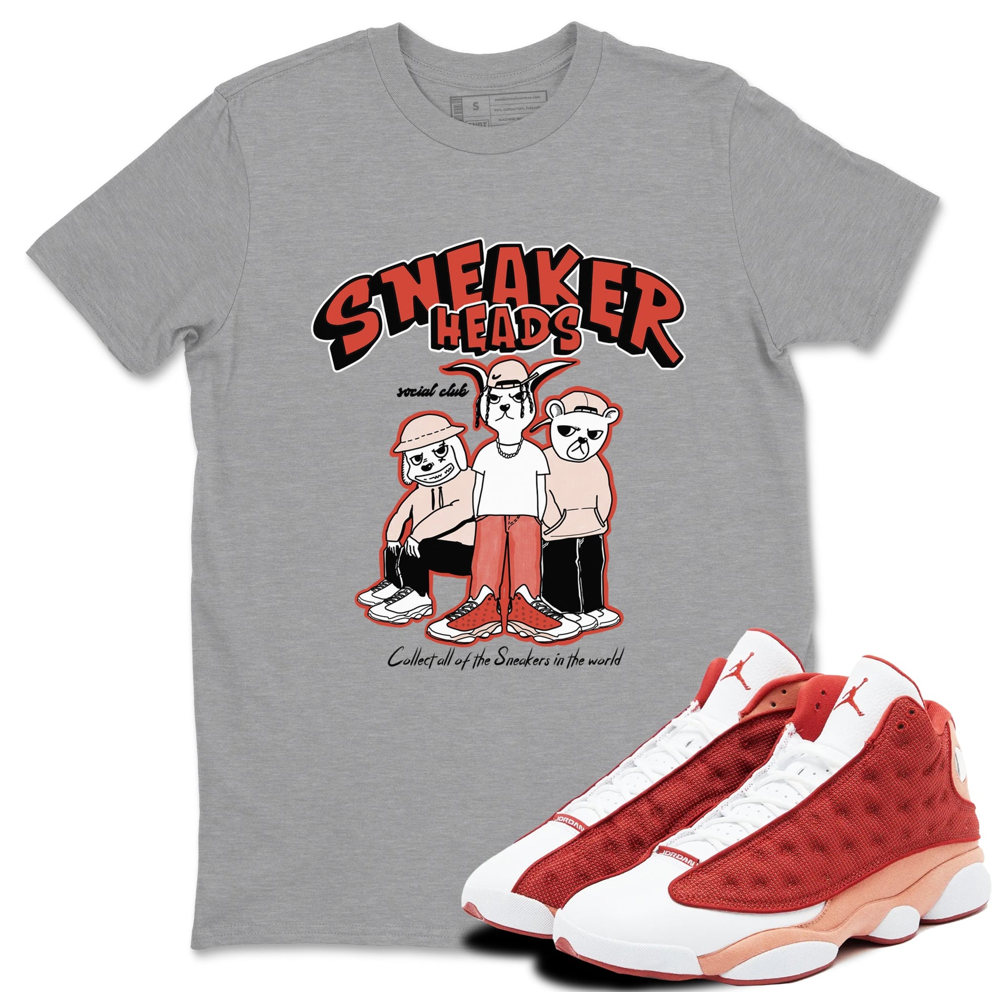 13s Dune Red shirts to match jordans Sneakerheads Social Club sneaker match tees Air Jordan 13 Dune Red SNRT Sneaker Tees streetwear brand Heather Grey 1 unisex cotton tee