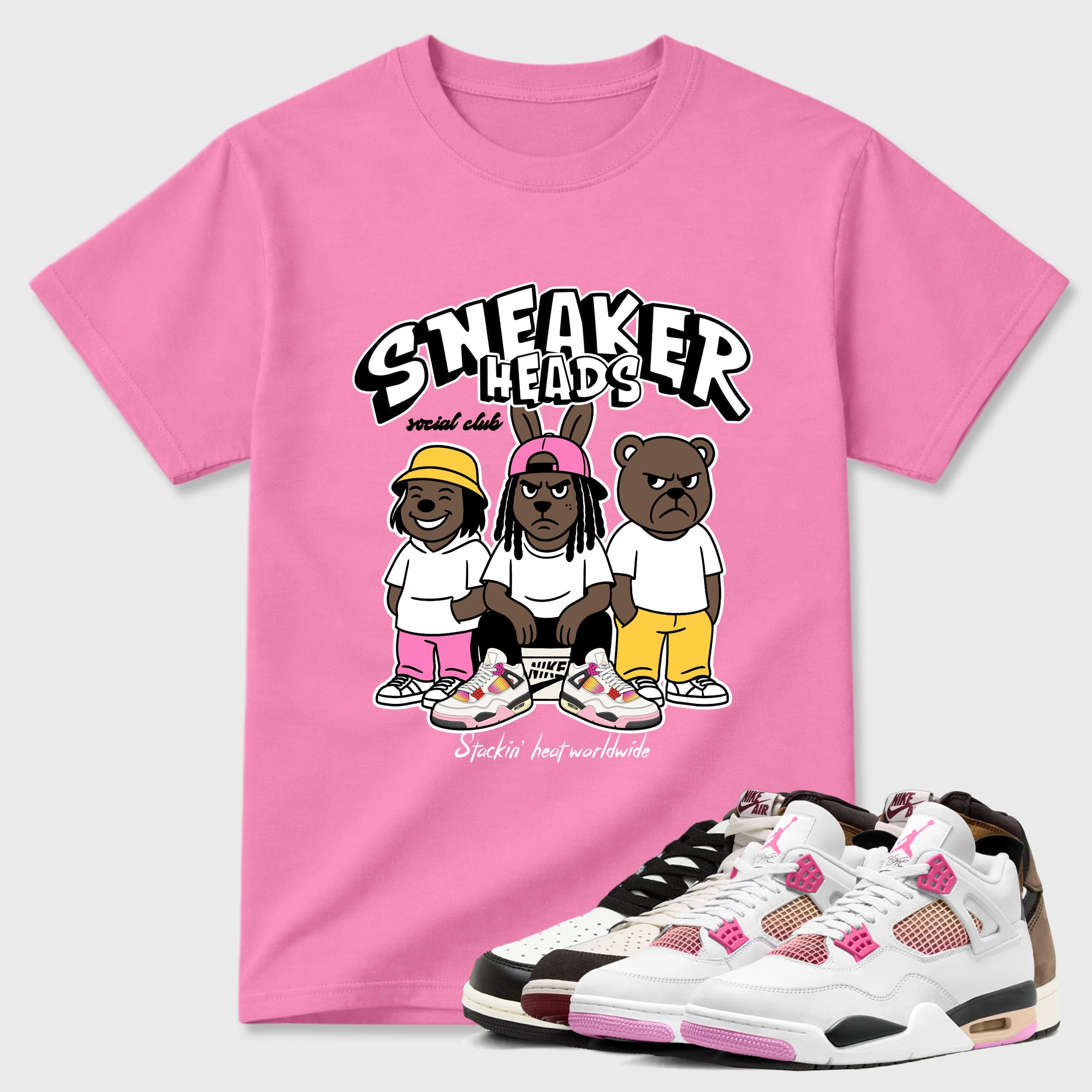 Sneakerheads Social Club Graphic T-Shirt featuring original streetwear artwork designed to match the Air Jordan 4 Comic. Bubble Gum 1 Graphic T-Shirt.
