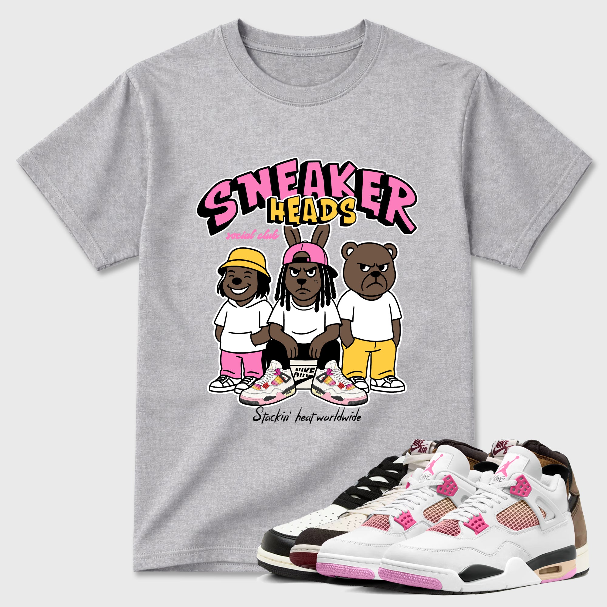 Sneakerheads Social Club Graphic T-Shirt featuring original streetwear artwork designed to match the Air Jordan 4 Comic. Heather Grey 1 Graphic T-Shirt.