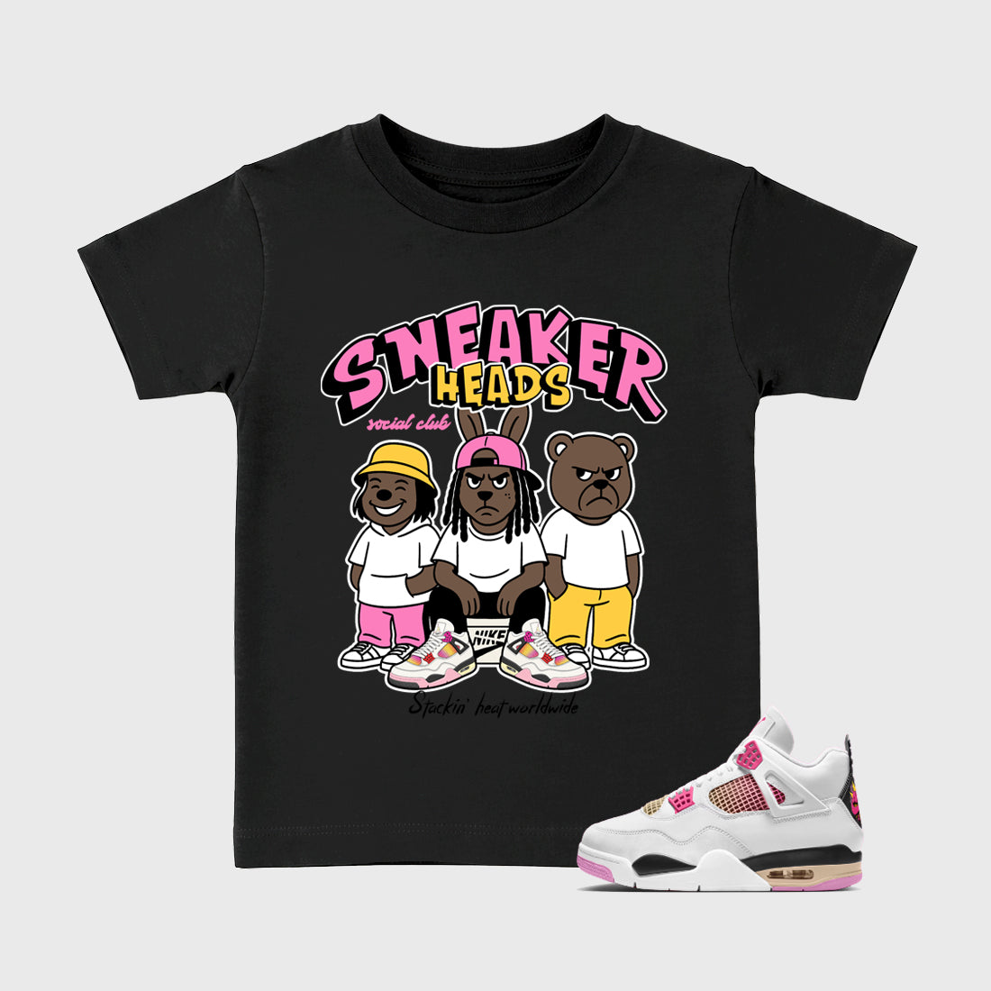 Sneakerheads Social Club Baby & Kids Graphic T-Shirt featuring original artwork designed to match the Air Jordan 4 Comic. Black 1 Kids Graphic Tee.