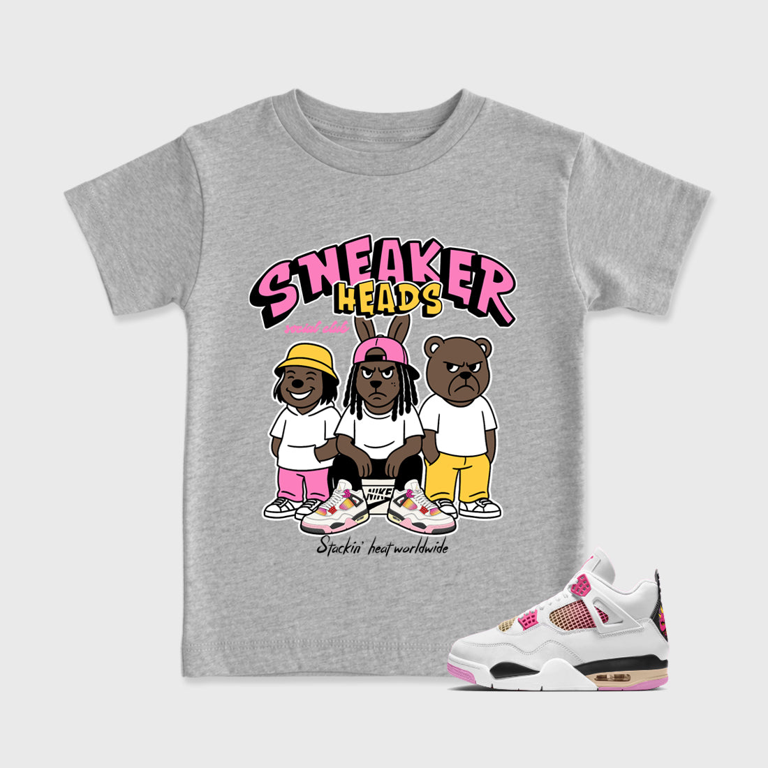 Sneakerheads Social Club Baby & Kids Graphic T-Shirt featuring original artwork designed to match the Air Jordan 4 Comic. Heather Grey 1 Kids Graphic Tee.