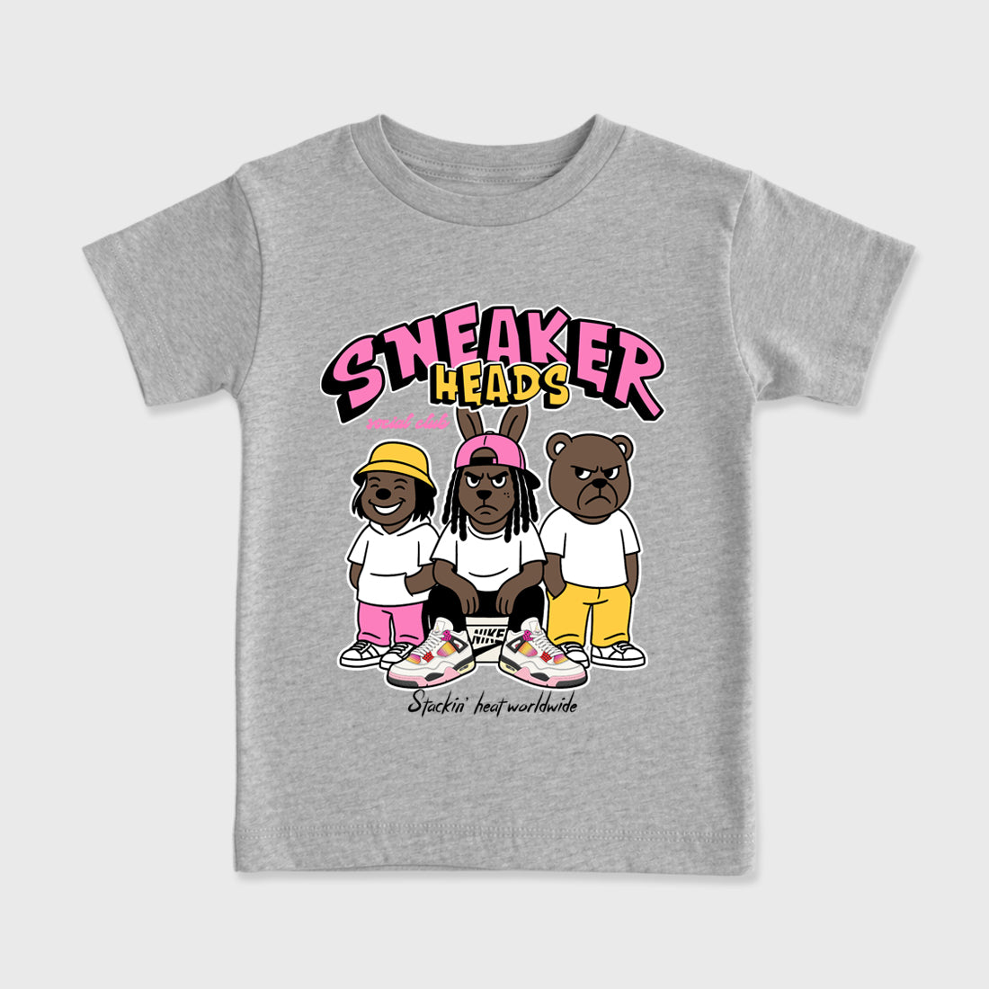 Sneakerheads Social Club Baby & Kids Graphic T-Shirt featuring original artwork designed to match the Air Jordan 4 Comic. Heather Grey 2 Kids Graphic Tee.