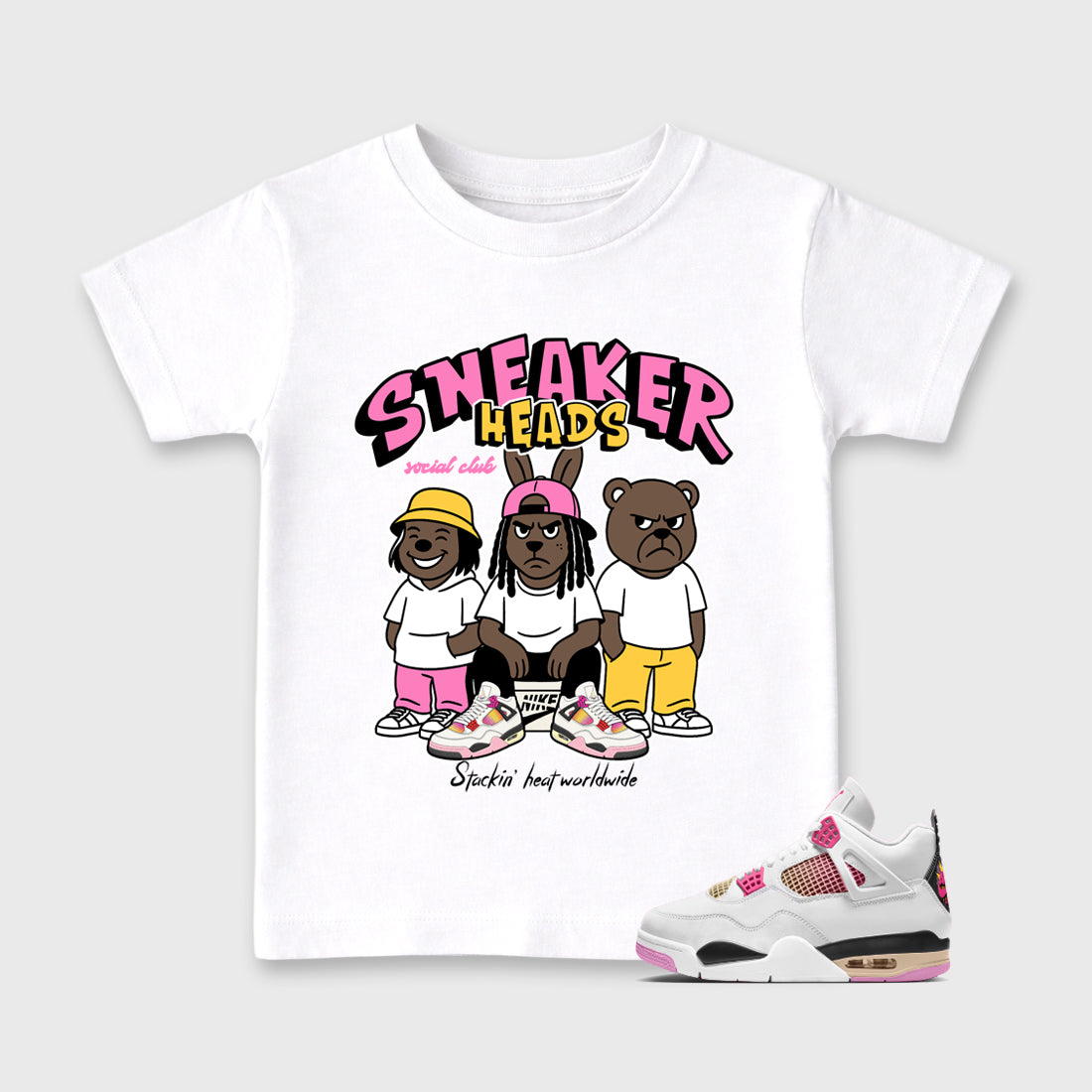 Sneakerheads Social Club Baby & Kids Graphic T-Shirt featuring original artwork designed to match the Air Jordan 4 Comic. White 1 Kids Graphic Tee.