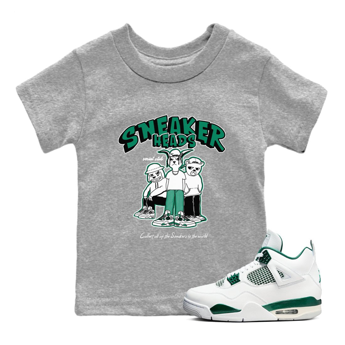 4s Oxidized Green shirts to match jordans Sneakerheads Social Club sneaker match tees Air Jordan 4 Oxidized Green SNRT Sneaker Tees streetwear brand Baby and Youth Heather Grey 1 cotton tee