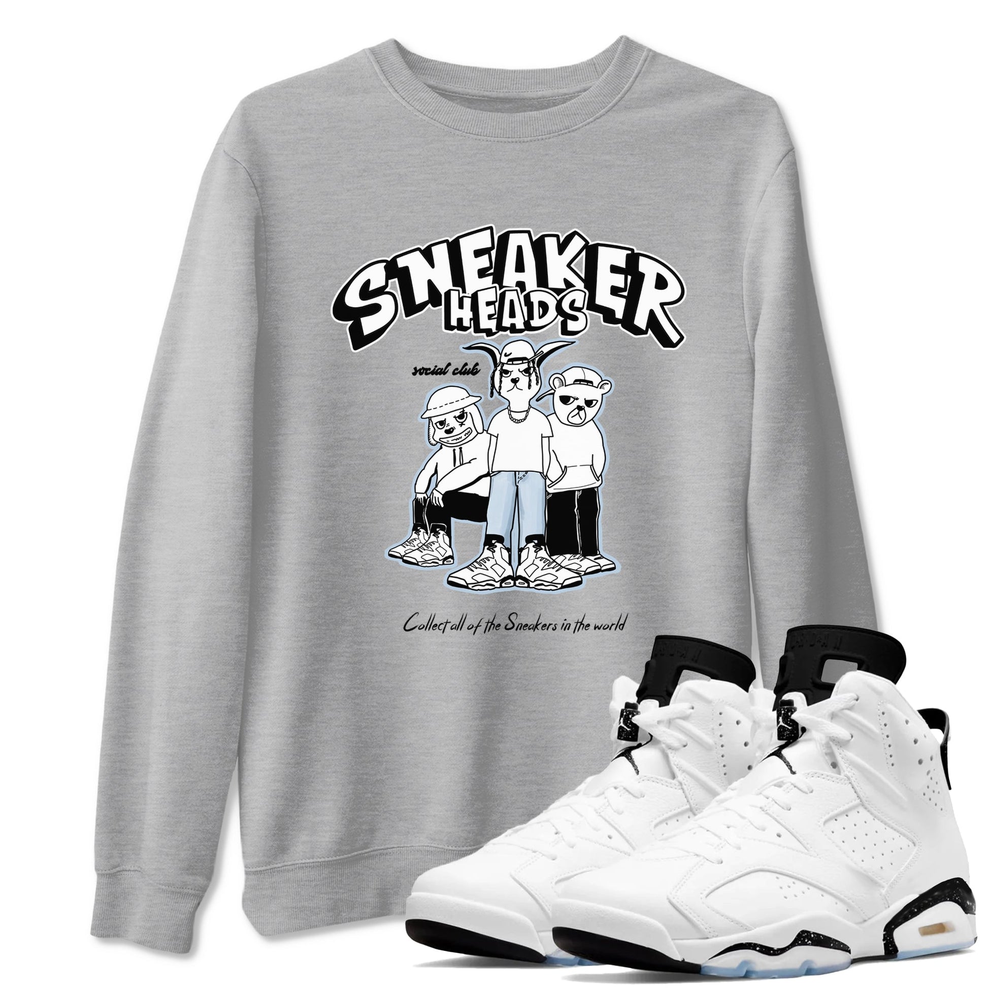 AJ6 White Black shirts to match jordans Sneakerheads Social Club sneaker match tees Air Jordan 6 White Black SNRT Sneaker Tees streetwear brand Heather Grey 1 unisex cotton tee