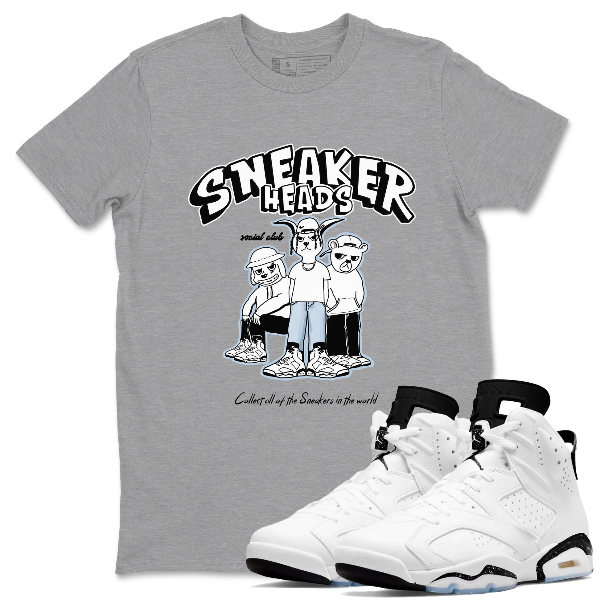 AJ6 White Black shirts to match jordans Sneakerheads Social Club sneaker match tees Air Jordan 6 White Black SNRT Sneaker Tees streetwear brand Heather Grey 1 unisex cotton tee