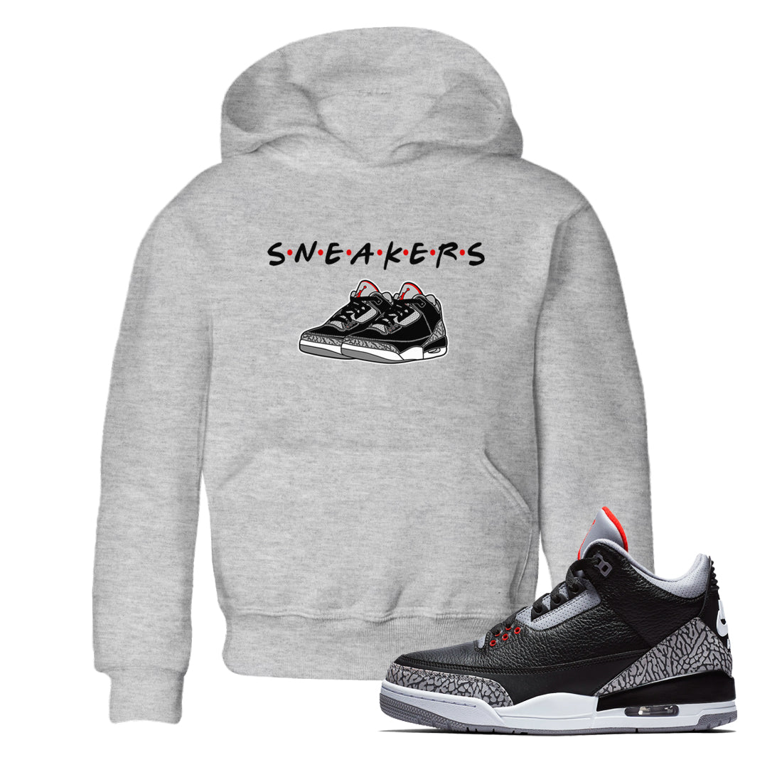 3s Black Cement shirts to match jordans Sneakers sneaker match tees Air Jordan 3 Black Cement SNRT Sneaker Release Tees Youth Baby Heather Grey 1 crew neck shirts