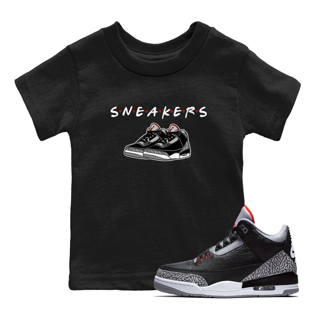 3s Black Cement shirts to match jordans Sneakers sneaker match tees Air Jordan 3 Black Cement SNRT Sneaker Release Tees Youth Baby Black 1 crew neck shirts