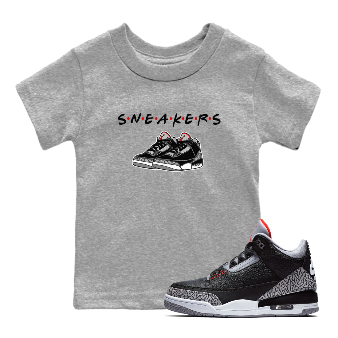 3s Black Cement shirts to match jordans Sneakers sneaker match tees Air Jordan 3 Black Cement SNRT Sneaker Release Tees Youth Baby Heather Grey 1 crew neck shirts