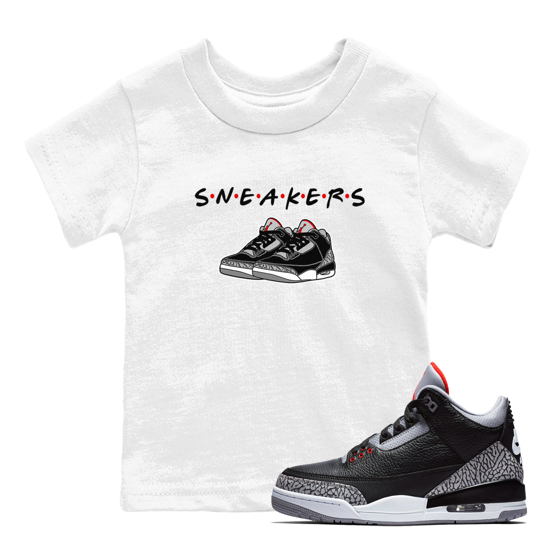 3s Black Cement shirts to match jordans Sneakers sneaker match tees Air Jordan 3 Black Cement SNRT Sneaker Release Tees Youth Baby White 1 crew neck shirts