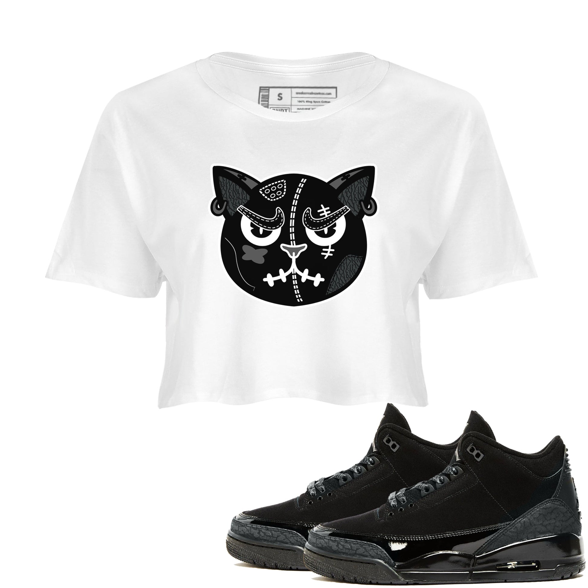3s Black Cat shirts to match jordans Sneakers Cat Face sneaker match tees Air Jordan 3 Retro Black Cat match shoes to clothes SNRT Sneaker Tees unisex cotton White 1 crop tee