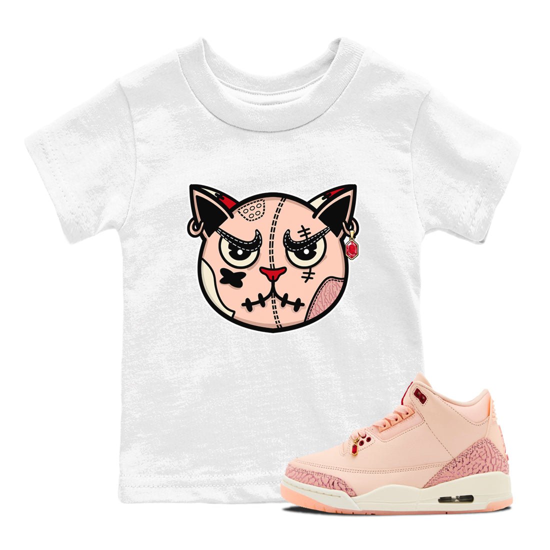 3s Valentines Day tee to match jordans Sneakers Cat Face sneaker match tees Air Jordan 3 "Treat Yourself" Washed Coral special Valentine's Day Gift SNRT Sneaker Tees Youth Baby White 1 tee