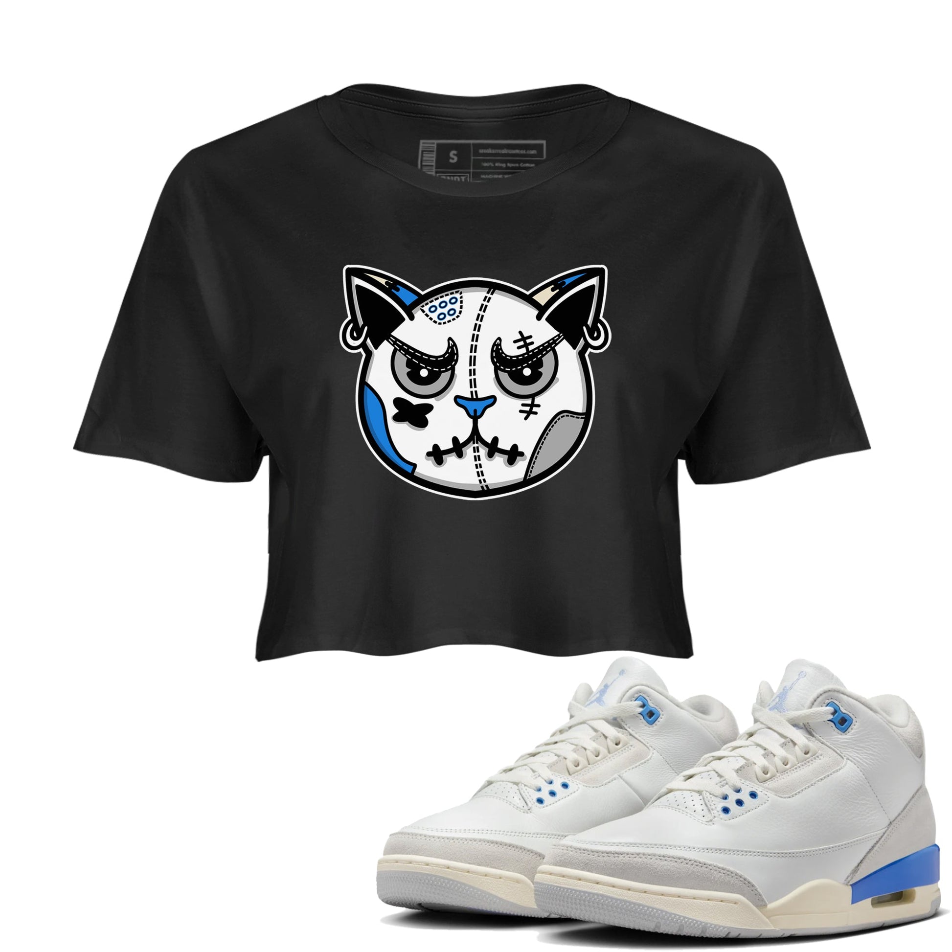 Air Jordan 3 Lucky Shorts shirts to match jordans Snekaer Cat Face sneaker match tees Air Jordan 3 Retro Lucky Shorts match shoes to clothes SNRT Sneaker Tees unisex cotton Black 1 crop tee