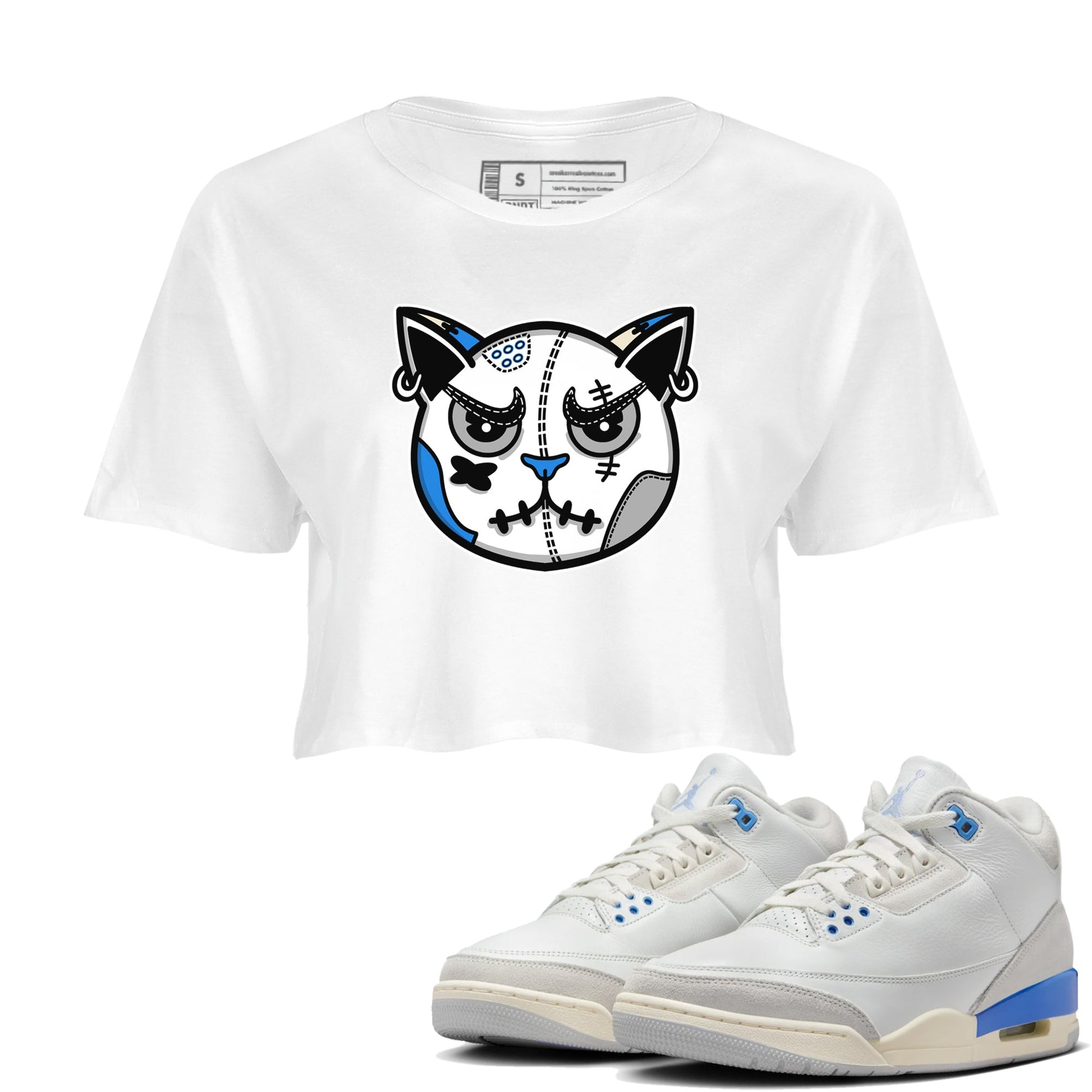 Air Jordan 3 Lucky Shorts shirts to match jordans Snekaer Cat Face sneaker match tees Air Jordan 3 Retro Lucky Shorts match shoes to clothes SNRT Sneaker Tees unisex cotton White 1 crop tee