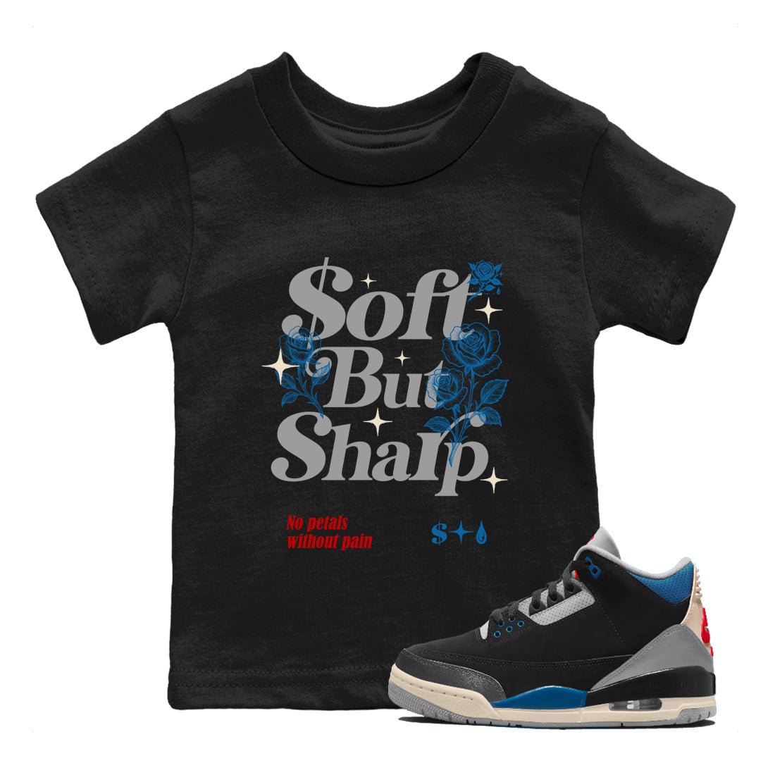 Soft But Sharp baby and kids t-shirt crafted for little sneakerheads to shine with the Air Jordan 3 Rare Air sneakers, displayed in Black 1.