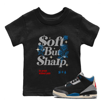 Soft But Sharp baby and kids t-shirt crafted for little sneakerheads to shine with the Air Jordan 3 Rare Air sneakers, displayed in Black 1.