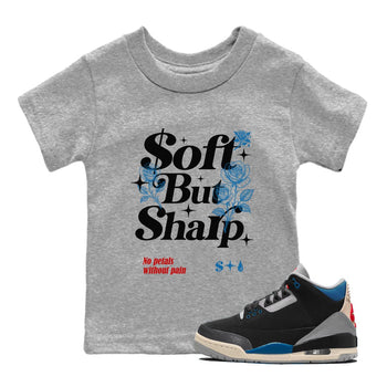 Soft But Sharp baby and kids t-shirt crafted for little sneakerheads to shine with the Air Jordan 3 Rare Air sneakers, displayed in Heather Grey 1.