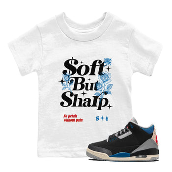 Soft But Sharp baby and kids t-shirt crafted for little sneakerheads to shine with the Air Jordan 3 Rare Air sneakers, displayed in White 1.