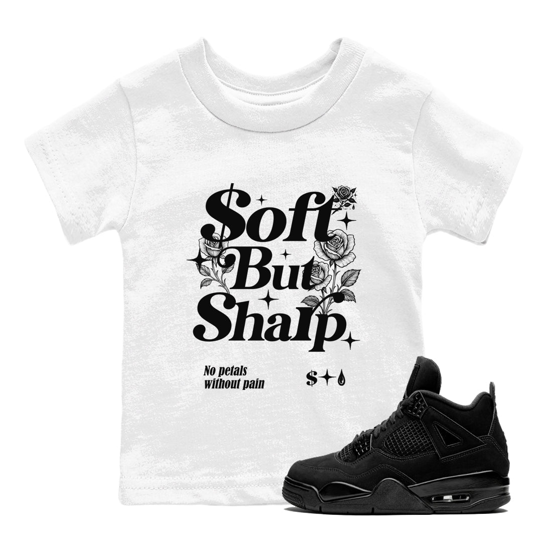Sneaker match tees – Sneaker Tees To Match Air Jordan 4 Black Cat Shoes – Soft But Sharp Kids T-Shirt White 1