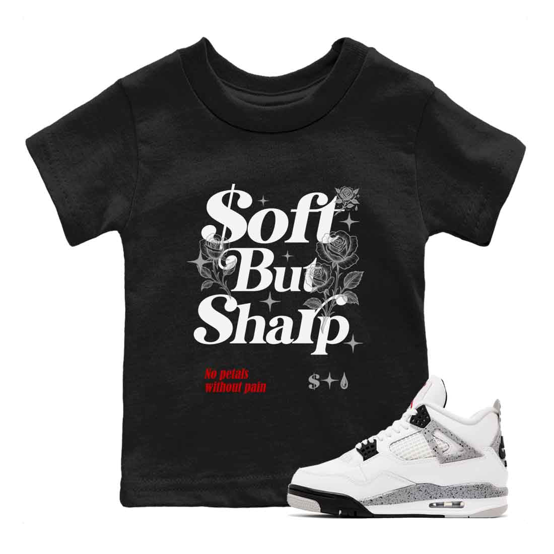 Soft But Sharp baby and kids t-shirt crafted for little sneakerheads to shine with the Air Jordan 4 White Cement sneakers, displayed in Black 1.