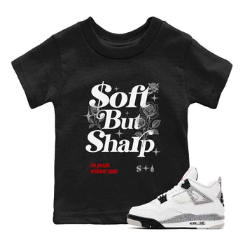 Soft But Sharp baby and kids t-shirt crafted for little sneakerheads to shine with the Air Jordan 4 White Cement sneakers, displayed in Black 1.