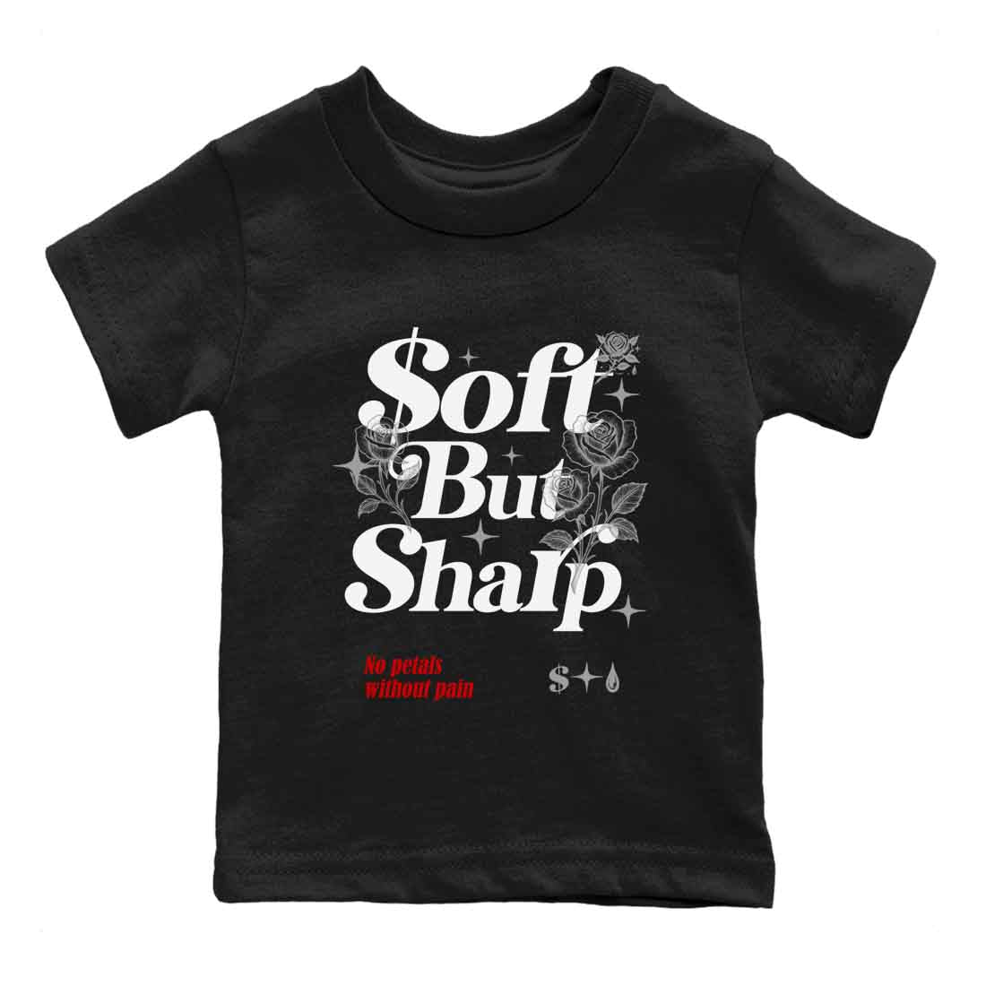 Soft But Sharp baby and kids t-shirt crafted for little sneakerheads to shine with the Air Jordan 4 White Cement sneakers, displayed in Black 2.
