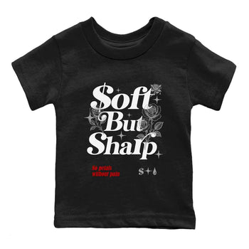 Soft But Sharp baby and kids t-shirt crafted for little sneakerheads to shine with the Air Jordan 4 White Cement sneakers, displayed in Black 2.