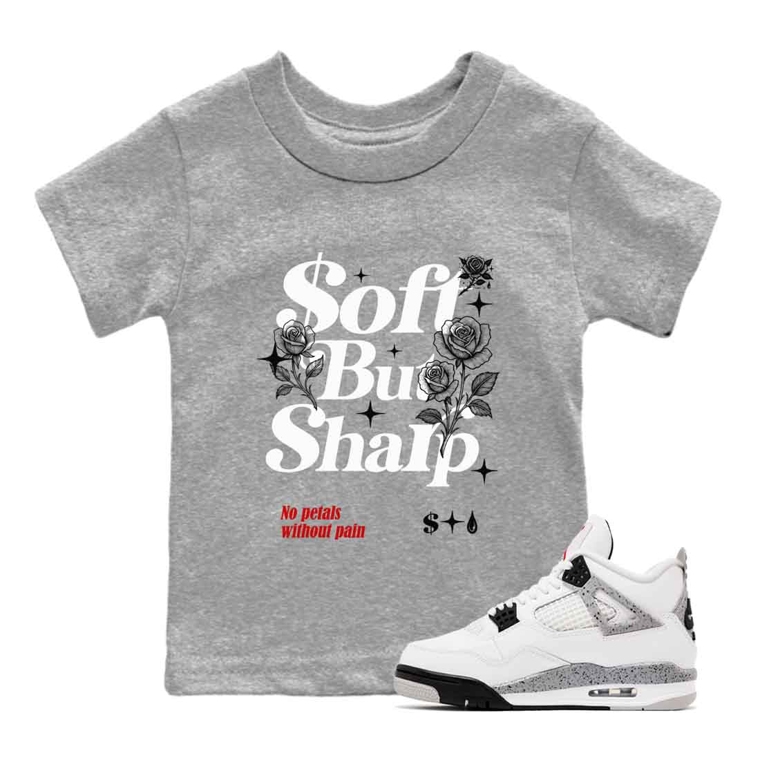 Soft But Sharp baby and kids t-shirt crafted for little sneakerheads to shine with the Air Jordan 4 White Cement sneakers, displayed in Heather Grey 1.