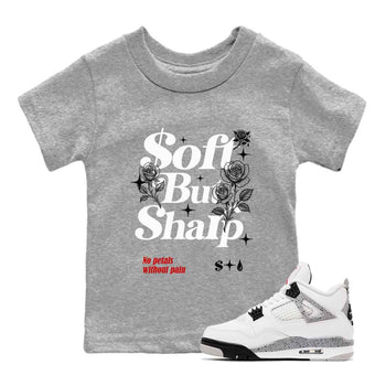 Soft But Sharp baby and kids t-shirt crafted for little sneakerheads to shine with the Air Jordan 4 White Cement sneakers, displayed in Heather Grey 1.