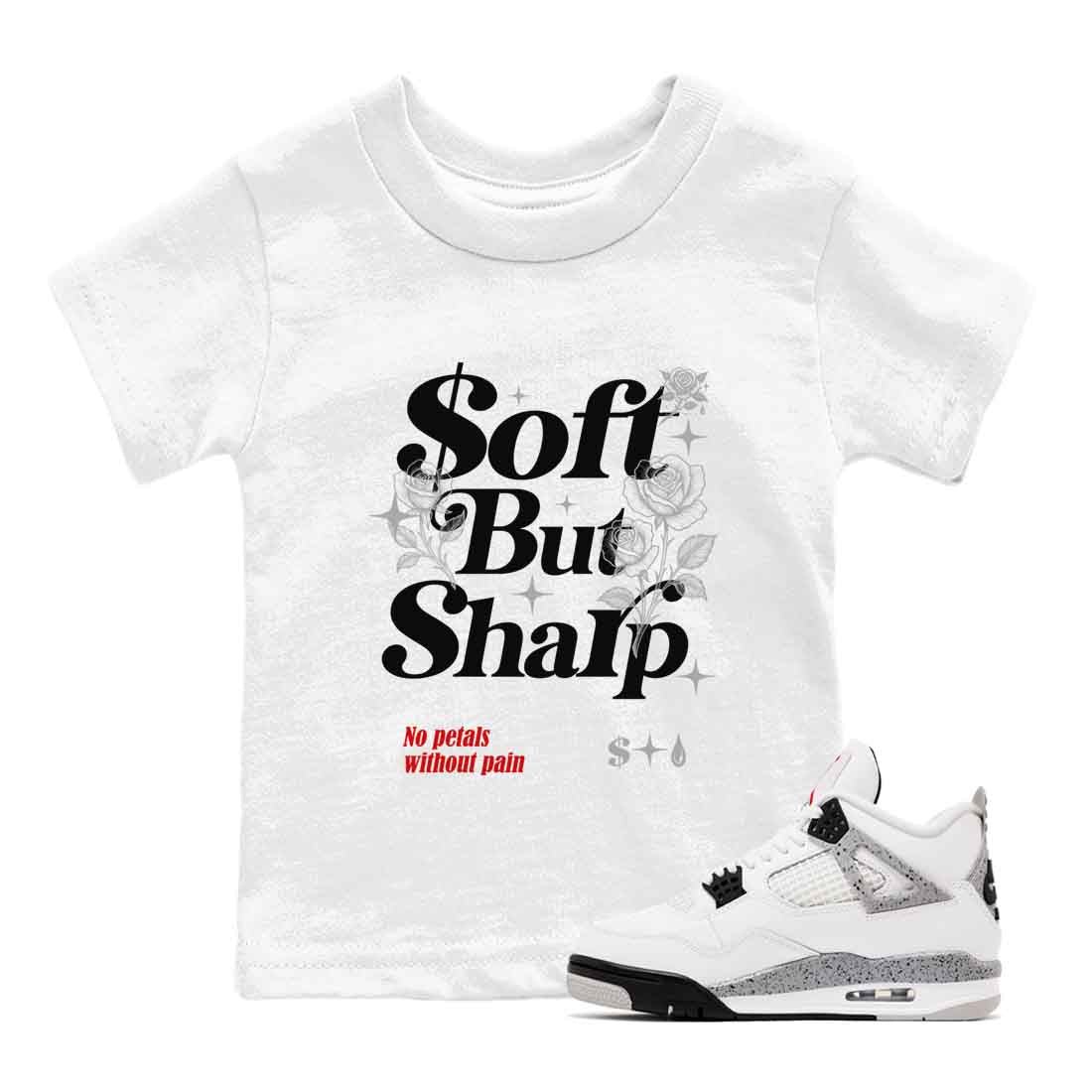 Soft But Sharp baby and kids t-shirt crafted for little sneakerheads to shine with the Air Jordan 4 White Cement sneakers, displayed in White 1.