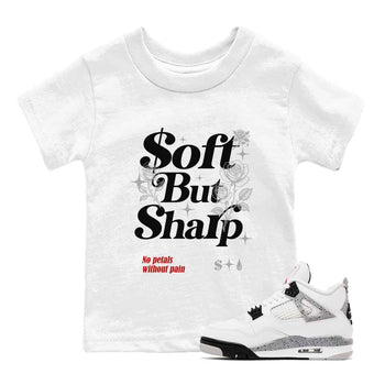 Soft But Sharp baby and kids t-shirt crafted for little sneakerheads to shine with the Air Jordan 4 White Cement sneakers, displayed in White 1.