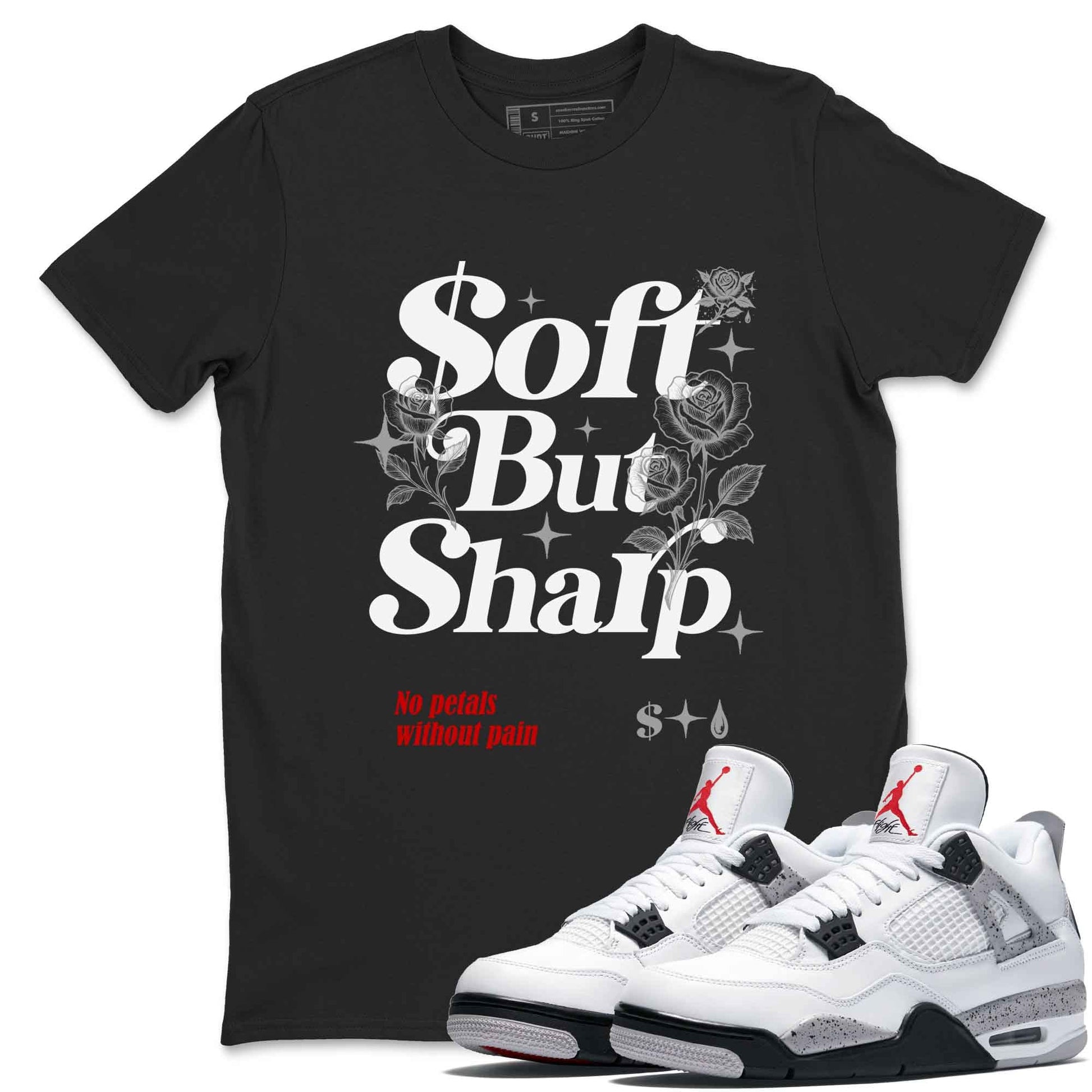 Soft But Sharp sneaker match t-shirt styled to complete your fit with the Air Jordan 4 White Cement sneakers, shown in Black 1.