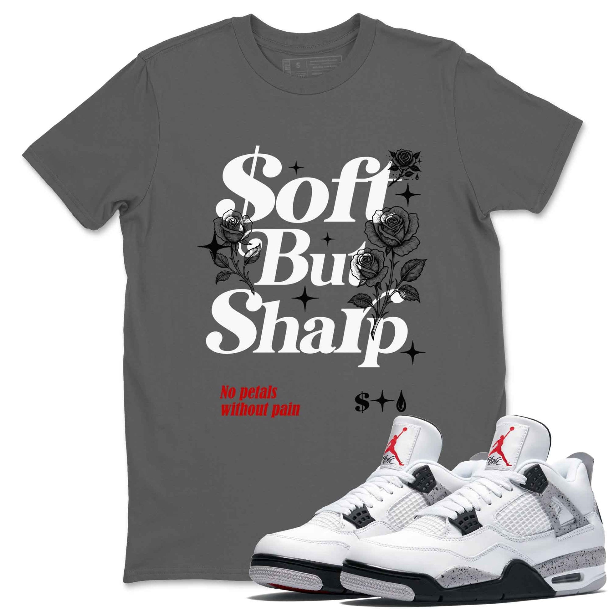 Soft But Sharp sneaker match t-shirt styled to complete your fit with the Air Jordan 4 White Cement sneakers, shown in Cool Grey 1.