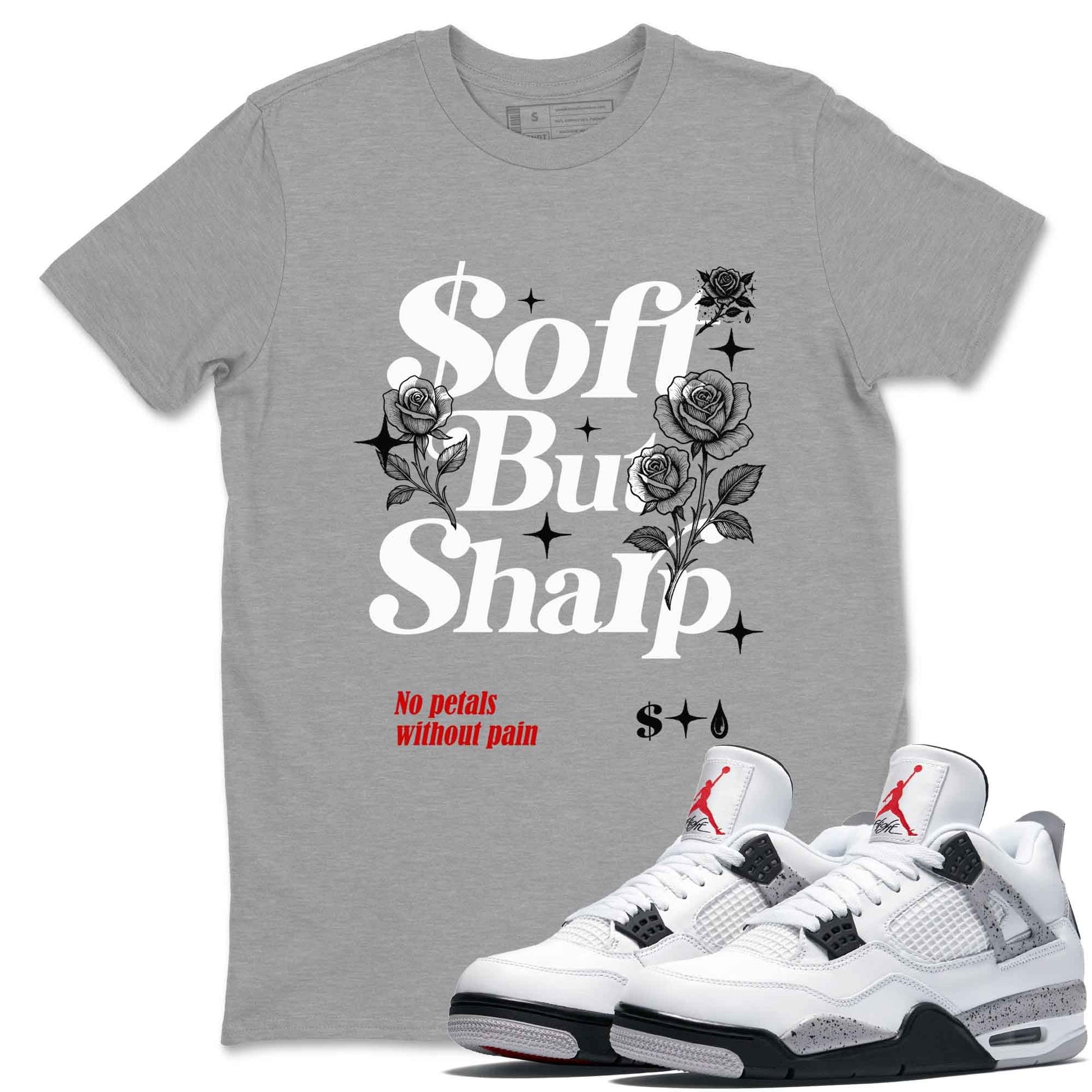 Soft But Sharp sneaker match t-shirt styled to complete your fit with the Air Jordan 4 White Cement sneakers, shown in Heather Grey 1.