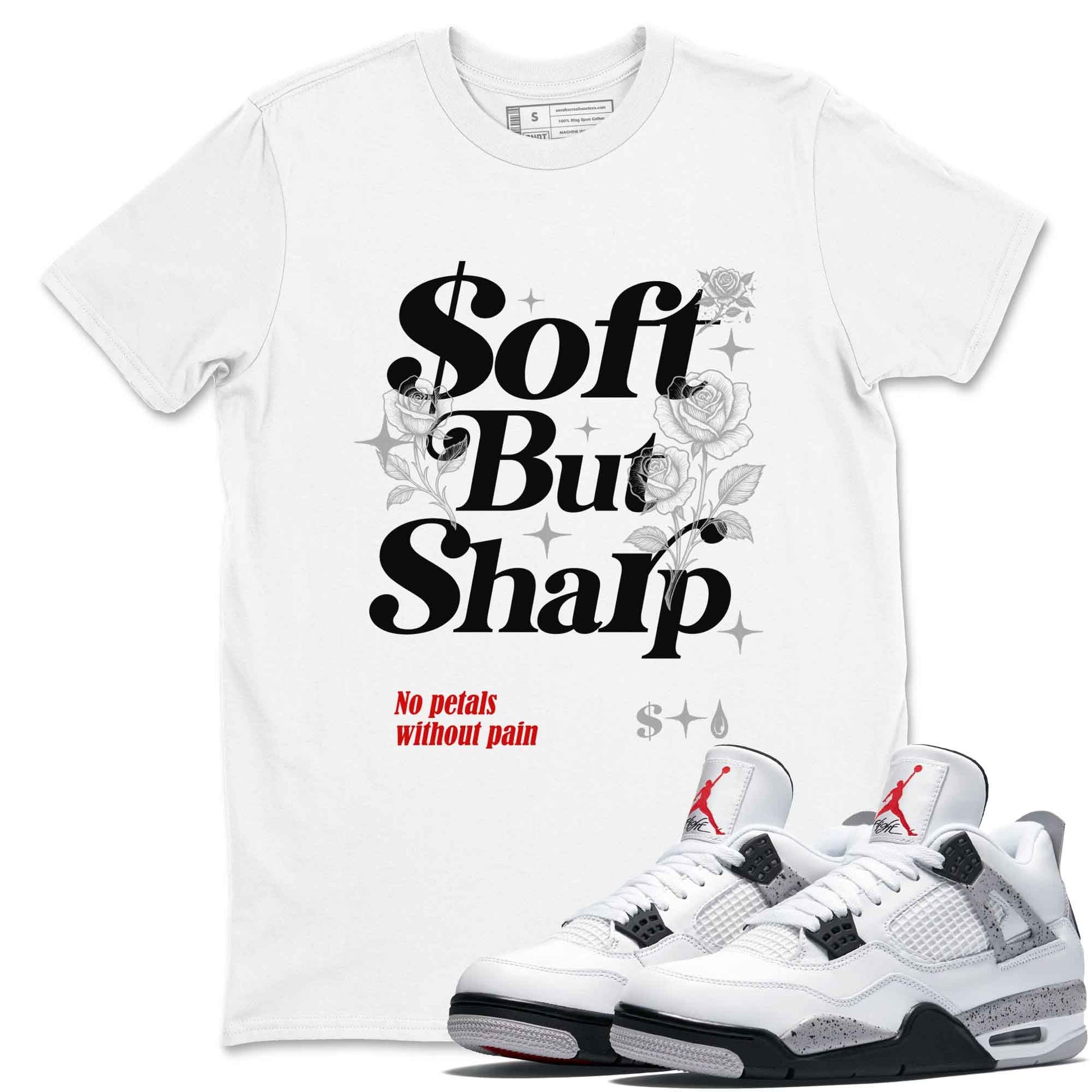 Soft But Sharp sneaker match t-shirt styled to complete your fit with the Air Jordan 4 White Cement sneakers, shown in White 1.
