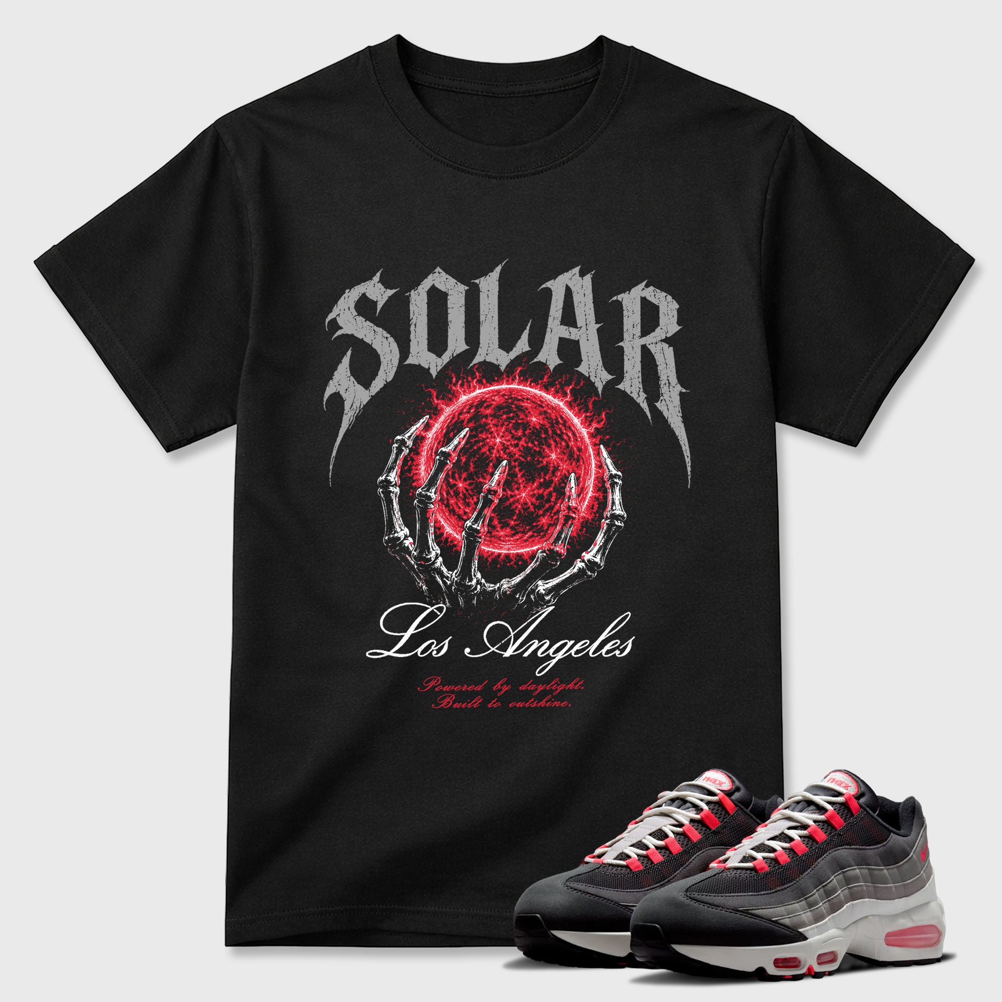 Solar Los Angeles Graphic T-Shirt featuring original streetwear artwork designed to match the Air Max 95 Reverse Solar Red. Black 1 Graphic T-Shirt.